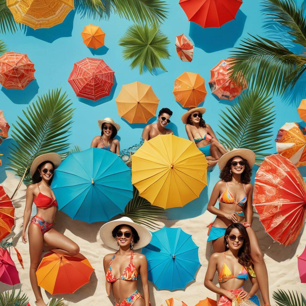 A lively beach scene showcasing diverse individuals of varying body types confidently wearing vibrant Indonesian swimwear. Decorative beach umbrellas and palm trees in the background, with a sunny blue sky. Focus on stylish beach fashion trends and playful beach accessories like sunglasses and hats. Include elements of traditional Indonesian patterns and colors in the swimwear. tropical aesthetic. bright and colorful. super-realistic.