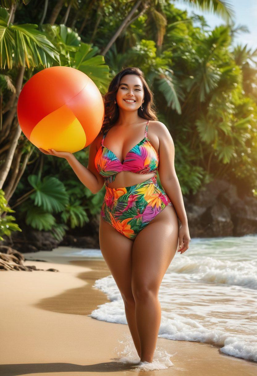 A confident person of diverse body types flaunting vibrant Indonesian swimwear on a sunlit beach, surrounded by tropical foliage. Include playful elements like beach balls and surfboards, capturing joy and body positivity. The scene should exude confidence and style, with waves gently crashing in the background. Bright colors with a warm sunset ambiance. super-realistic. vibrant colors. beach setting.